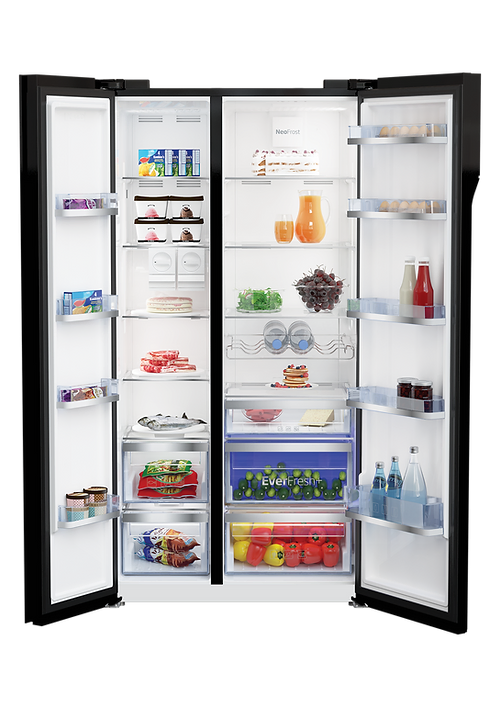 Beko Freestanding American Fridge Freezer in Black Glass SKU: GN163140ZGBN