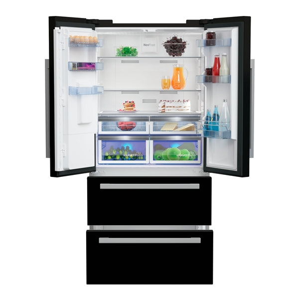 Beko GRNE360520DB Freestanding American French Style Fridge Freezer – 539L, HarvestFresh™, Plumbed Water & Ice Dispenser, Gloss Black