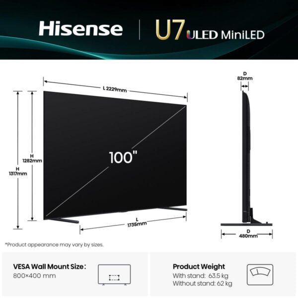 Hisense 100U7Q 100″ Mini-LED 144Hz VRR QLED Gaming TV