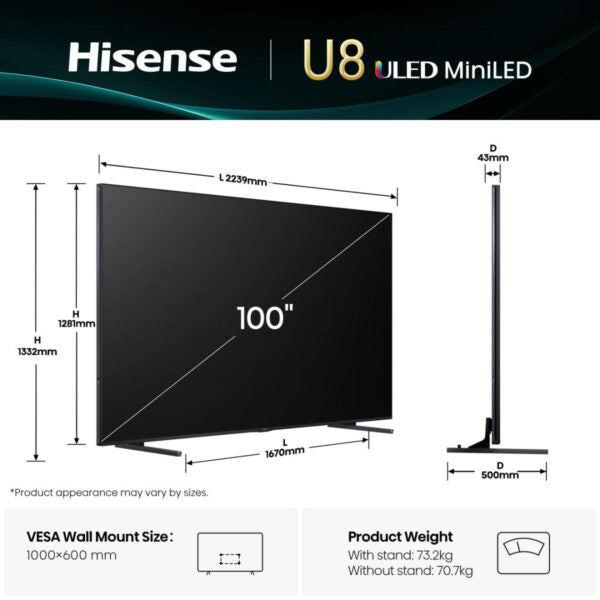 Hisense 100U8Q 100″ Mini-LED 165Hz VRR QLED Gaming TV