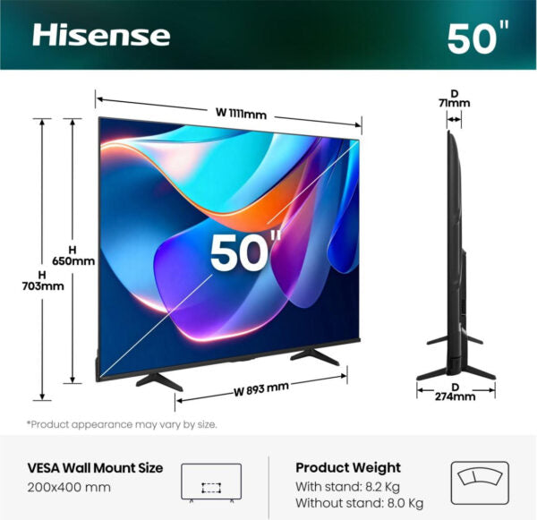 Hisense 50A6S 50″ 60Hz 4K Ultra HD Smart TV Wi-Fi