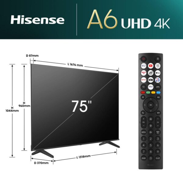 Hisense 75E63NT 75″ A6N UHD 4K 60Hz Smart TV Wi-Fi