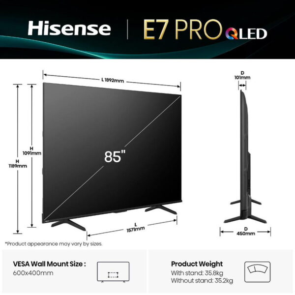Hisense 85E7Q PRO 85″ 4K QLED Smart TV Wi-Fi