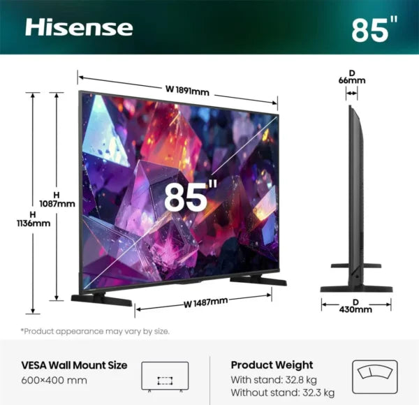 Hisense 85Q7S PRO 85″ 4K Hi-QLED Smart TV Wi-Fi