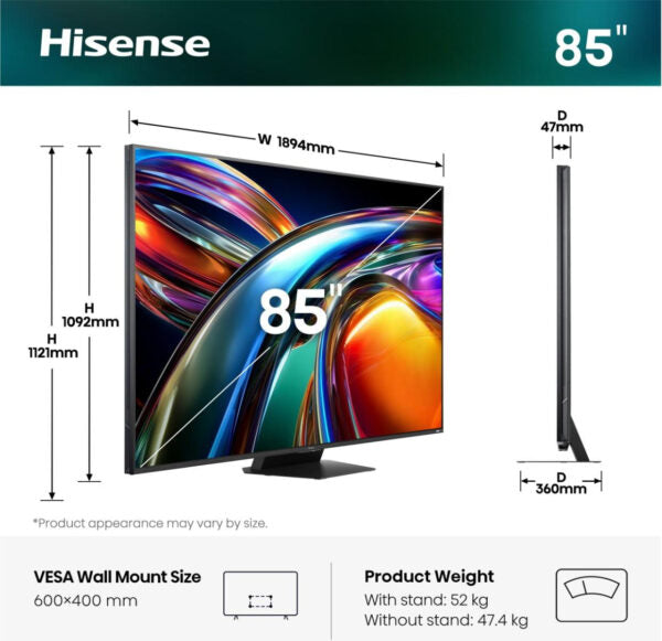 Hisense 85UR9S 85″ 170Hz Hi-View AI Engine RGB MiniLed TV