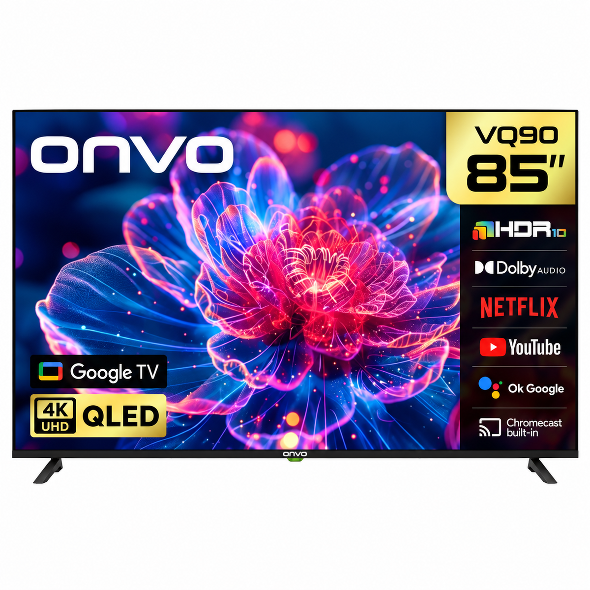 Onvo 85VQ90F3UA - 75in QLED 4K/UHD - Frameless Google Android Tv - BT Remote - DVB-T2/C/S2 - Netflix/Youtube/Prime/Disney