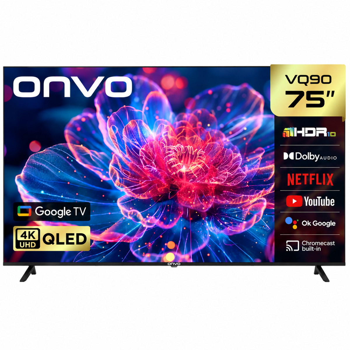 Onvo 75VQ90F3UA - 75in QLED 4K/UHD - Frameless Google Android Tv - BT Remote - DVB-T2/C/S2 - Netflix/Youtube/Prime/Disney