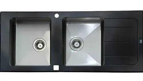 Asil Glass AS86B – 2‑Bowl Black Glass Kitchen Sink